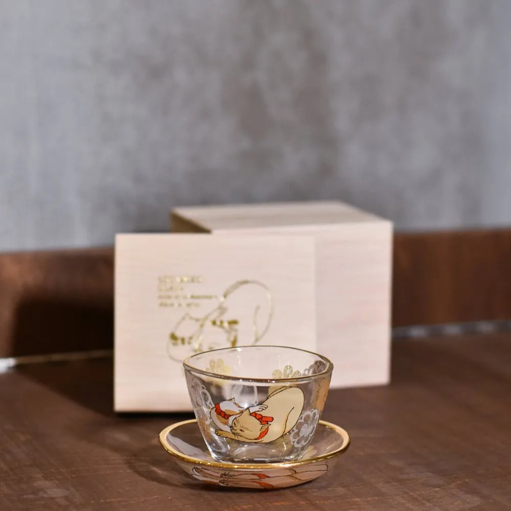 石塚硝子 清酒杯 & 小碟木盒套裝 - ADERIA 江戶貓 Cream & Buchi - The Rare Malt